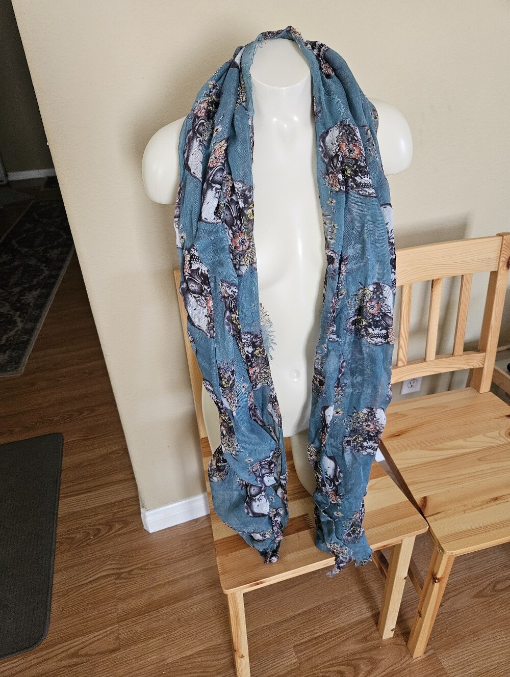 Teal Floral And Skulls Print Lightweight Scarf 45" X 74"
